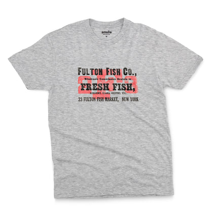 A gray marle t-shirt with an advertisement for the 'FULTON FISH CO' in New York from the 1970s.