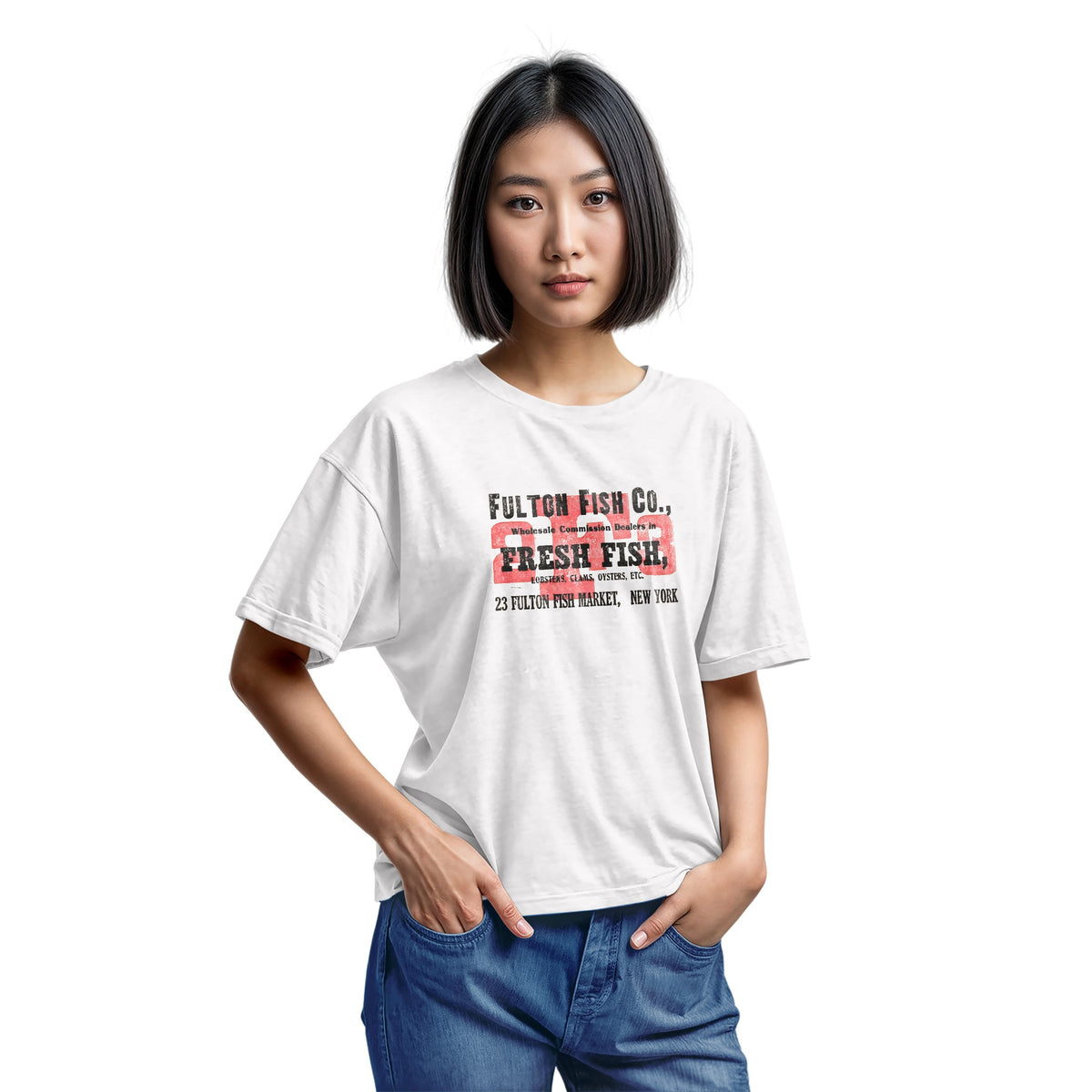 A white t-shirt with an advertisement for the 'FULTON FISH CO' in New York from the 1970s.
