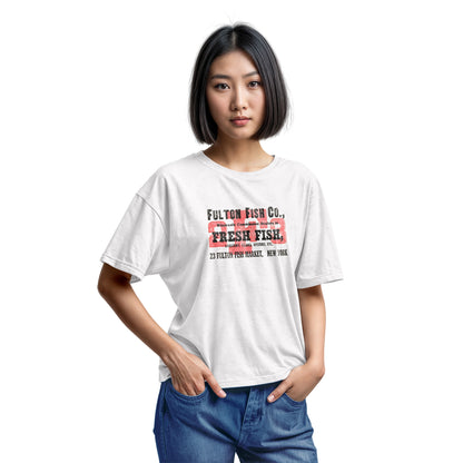 A white t-shirt with an advertisement for the 'FULTON FISH CO' in New York from the 1970s.
