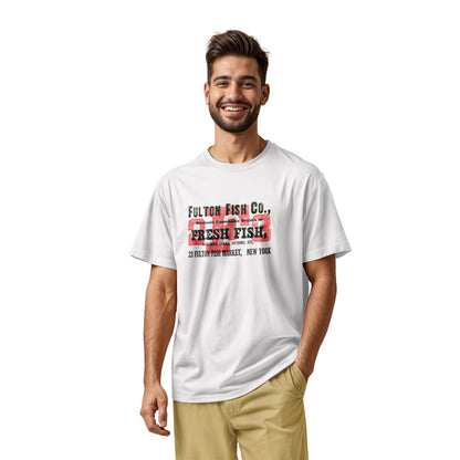 A white t-shirt with an advertisement for the 'FULTON FISH CO' in New York from the 1970s.