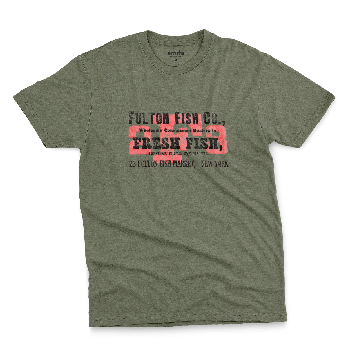 A green t-shirt with an advertisement for the 'FULTON FISH CO' in New York from the 1970s.