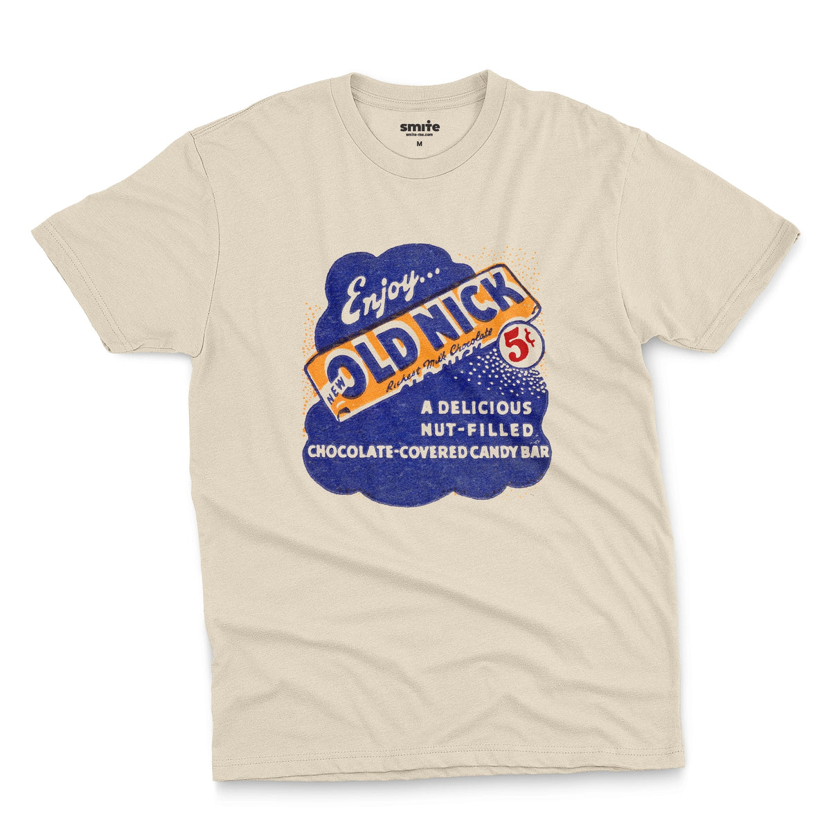 A beige t-shirt featuring a retro advertisement for OLD NICK candy bars from the 1950s.