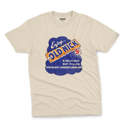 A beige t-shirt featuring a retro advertisement for OLD NICK candy bars from the 1950s.