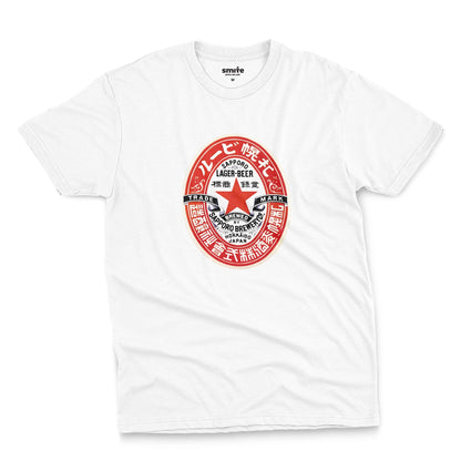 A white t-shirt with a vintage Sapporo beer label from the 1920s.