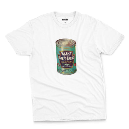 A white t-shirt with a vintage illustration of a can of Heinz Baked Beans from the early 1900s.