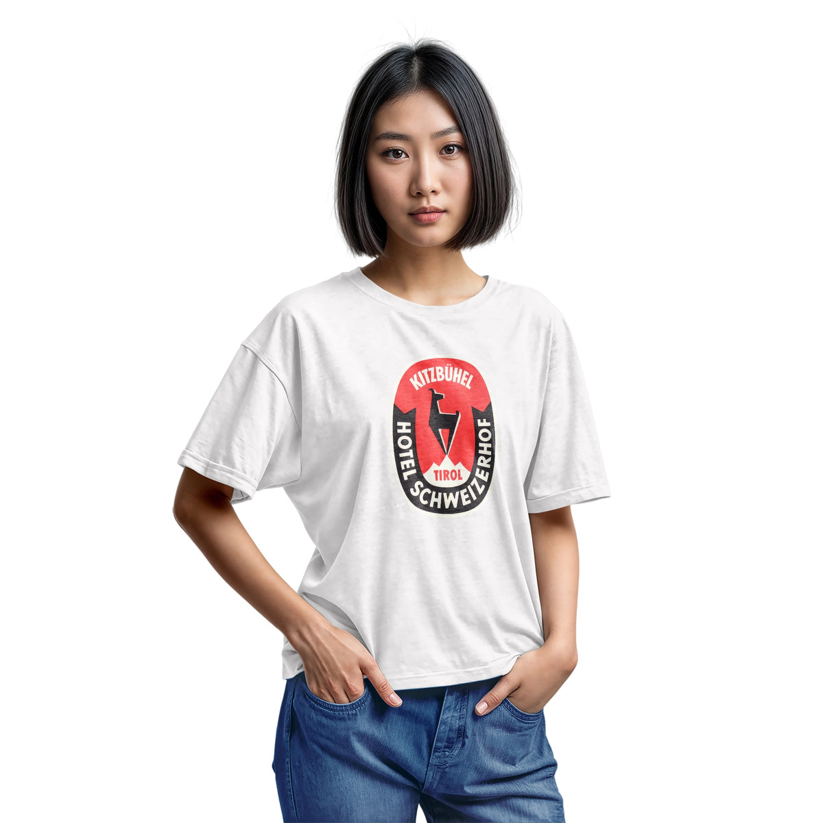 A white t-shirt featuring a retro baggage label for the Hotel Schweizerhof in the Austrian Alps.