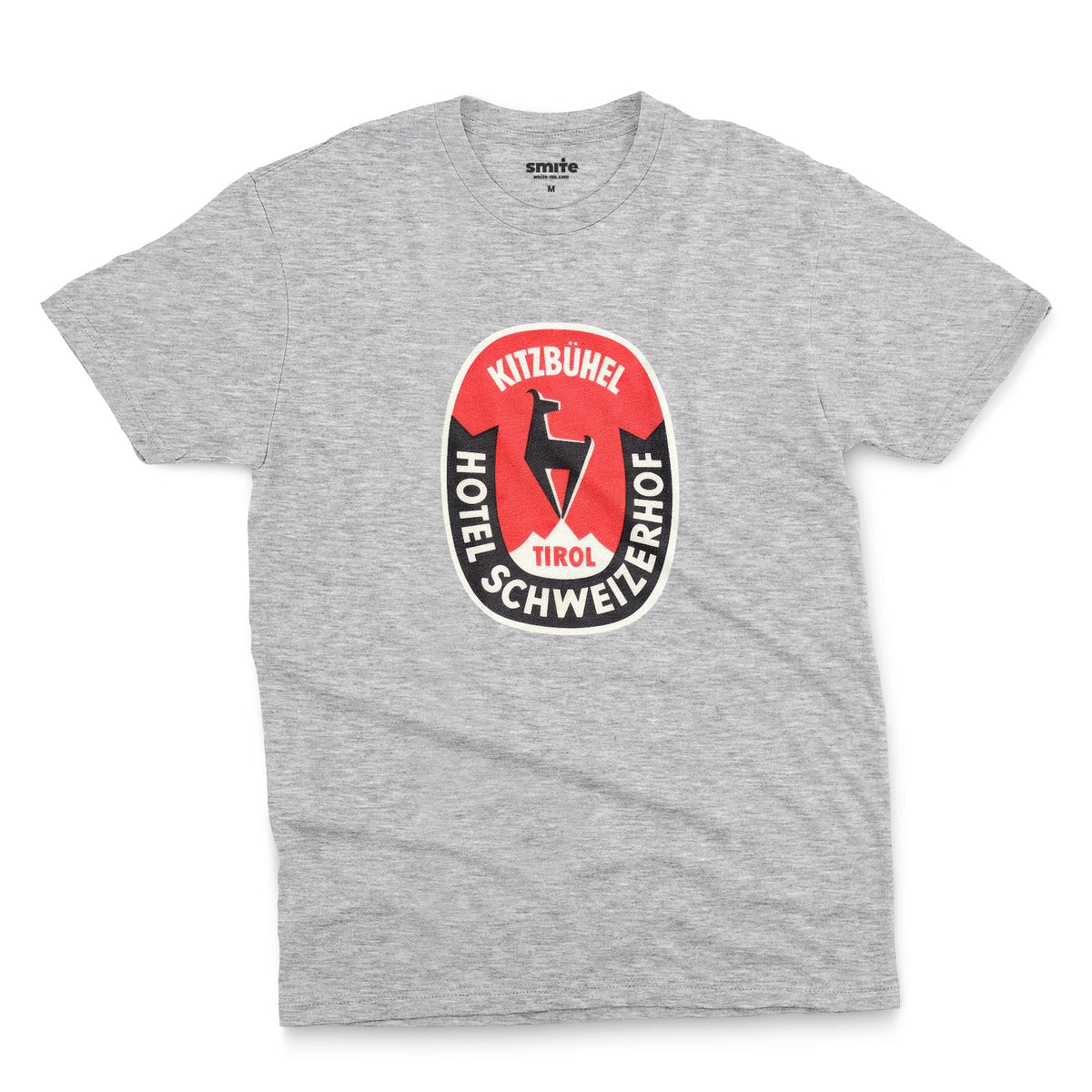 A gray marle t-shirt featuring a retro baggage label for the Hotel Schweizerhof in the Austrian Alps.