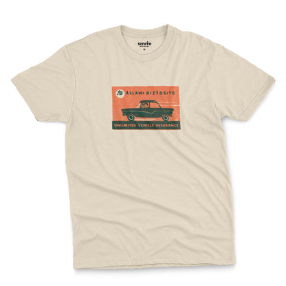 A beige t-shirt featuring a retro advertisement for 'ALLAMI BIZTOSITO', Czech car insurance.