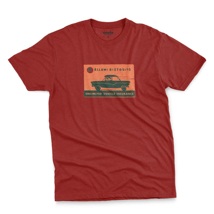 A red t-shirt featuring a retro advertisement for 'ALLAMI BIZTOSITO', Czech car insurance.