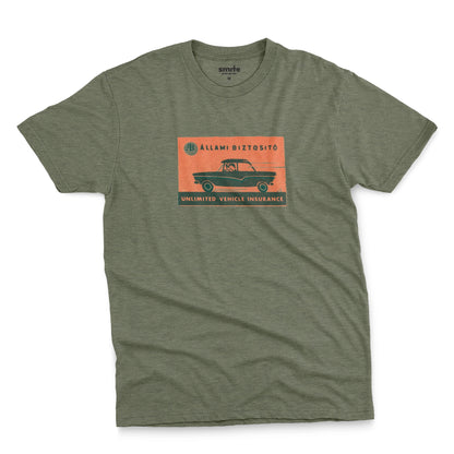 A green t-shirt featuring a retro advertisement for 'ALLAMI BIZTOSITO', Czech car insurance.
