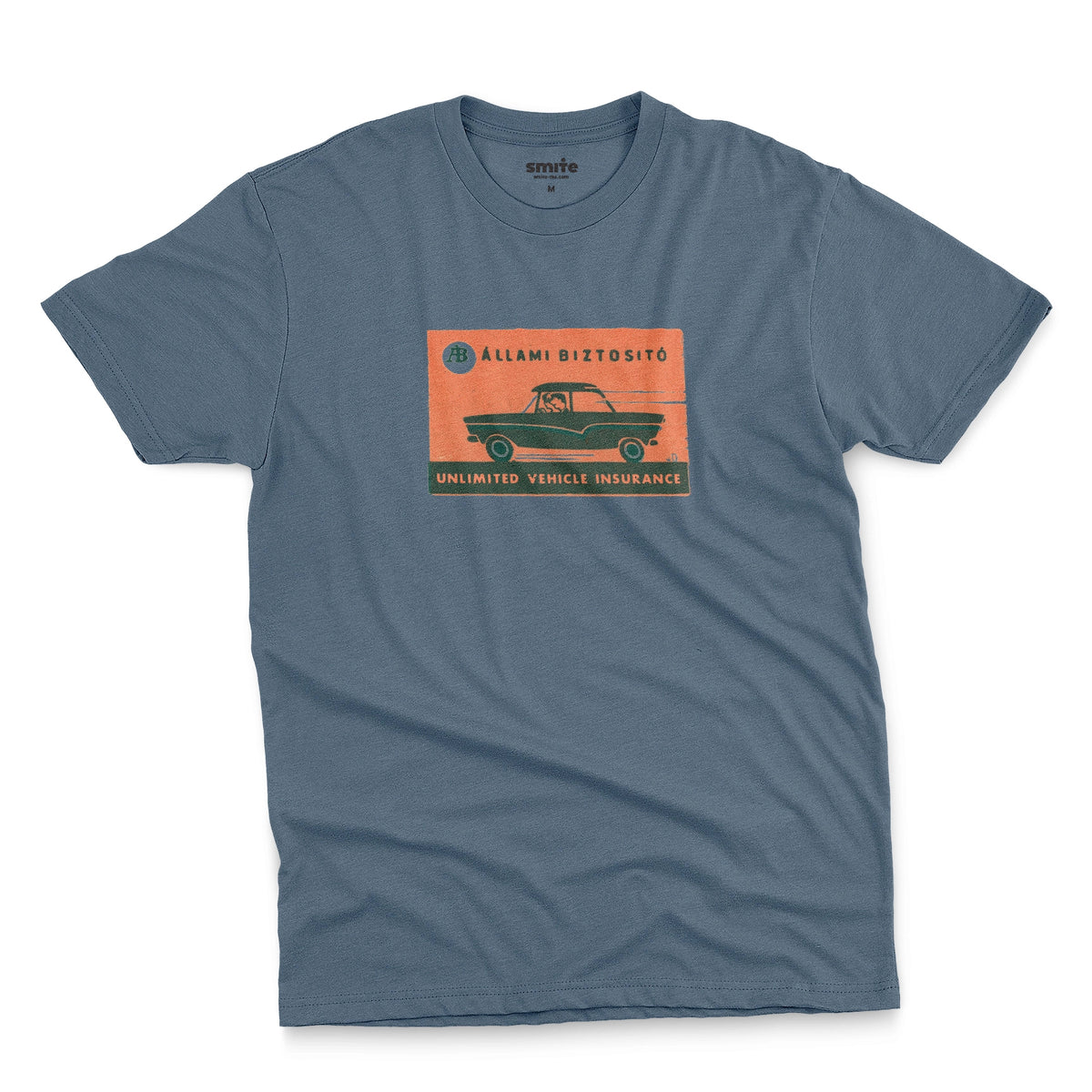 A blue t-shirt featuring a retro advertisement for 'ALLAMI BIZTOSITO', Czech car insurance.