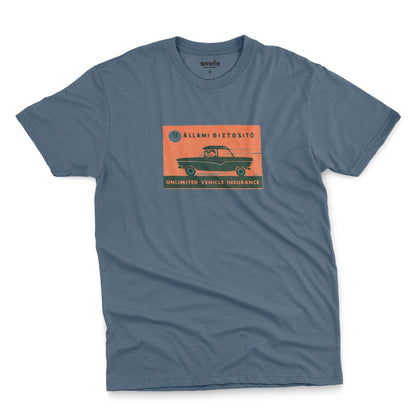 A blue t-shirt featuring a retro advertisement for 'ALLAMI BIZTOSITO', Czech car insurance.