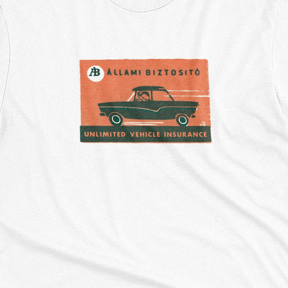 A white t-shirt featuring a retro advertisement for 'ALLAMI BIZTOSITO', Czech car insurance.