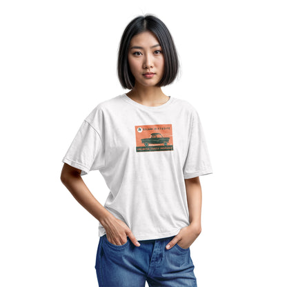 A white t-shirt featuring a retro advertisement for 'ALLAMI BIZTOSITO', Czech car insurance.