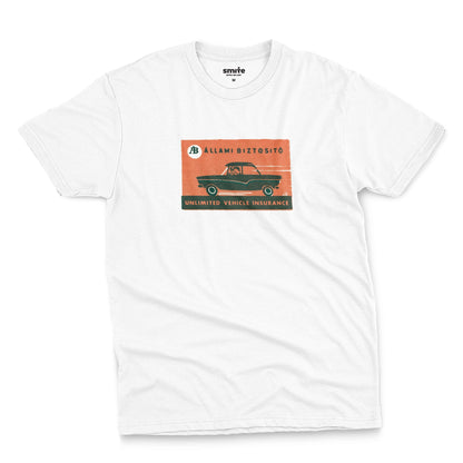 A white t-shirt featuring a retro advertisement for 'ALLAMI BIZTOSITO', Czech car insurance.