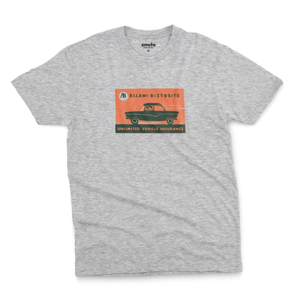 A gray marle t-shirt featuring a retro advertisement for 'ALLAMI BIZTOSITO', Czech car insurance.