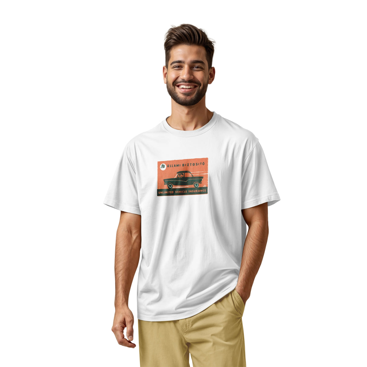 A white t-shirt featuring a retro advertisement for 'ALLAMI BIZTOSITO', Czech car insurance.